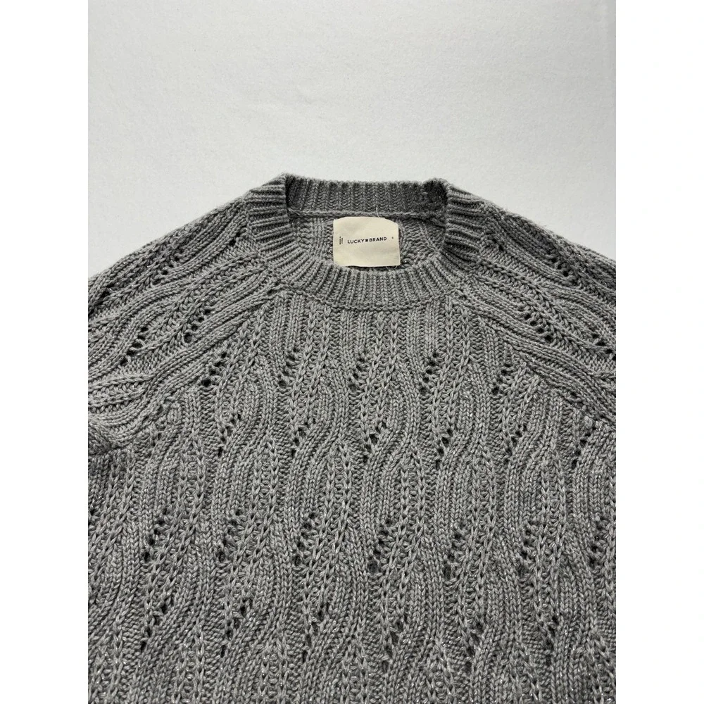 Lucky Brand Sweater Womens Small Gray Open Knit Crew Neck Raglan Glitter Alpaca - Picture 2 of 13